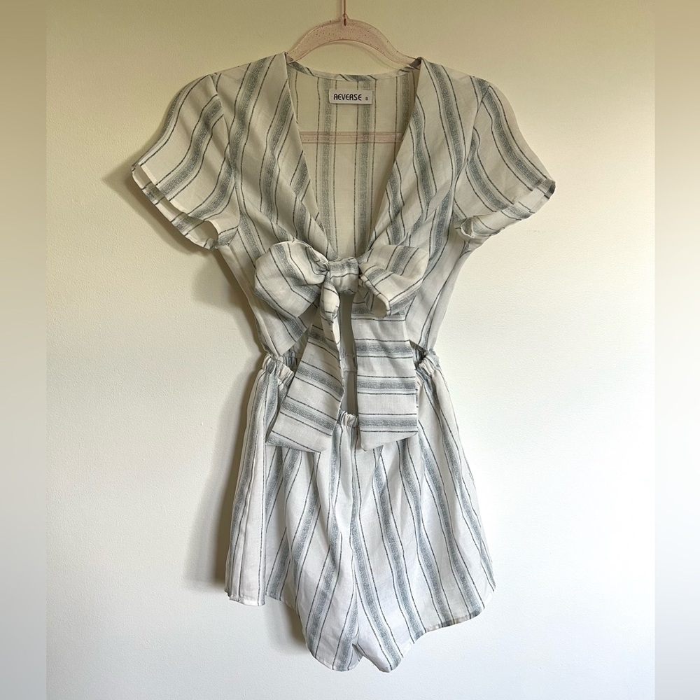 Reverse White and Gray Striped with Tie and Cutout Romper